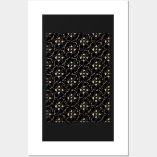 Golden flowers on a black background Posters and Art